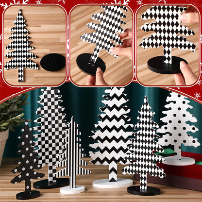 Kigley 6 Pcs Wood Christmas Tree Sign Table Decor 6" 8" 10.5" Black White Xmas Tree Tabletop Christmas Tiered Tray Centerpieces Xmas Gift for Home Mantel Shelf Office Party Windowsill Decoration