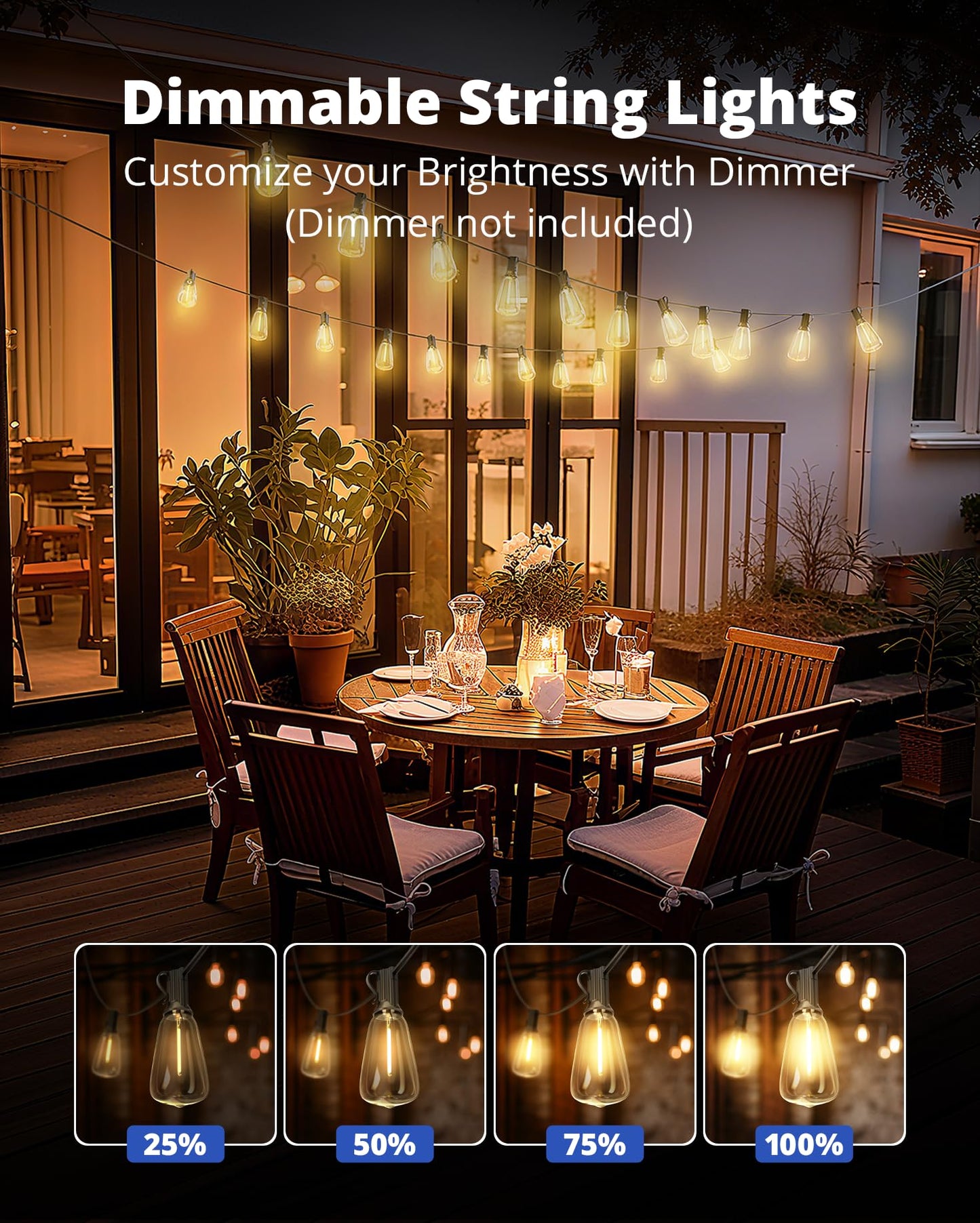 VIPAR Outdoor String Lights 25FT LED Patio Lights IPX5 Waterproof with 10+1 ST38 Shatterproof Edison Bulbs, 2700K Connectable Outside Hanging Light for Porch, Garden, Backyard, Deck, Balcony, Decor