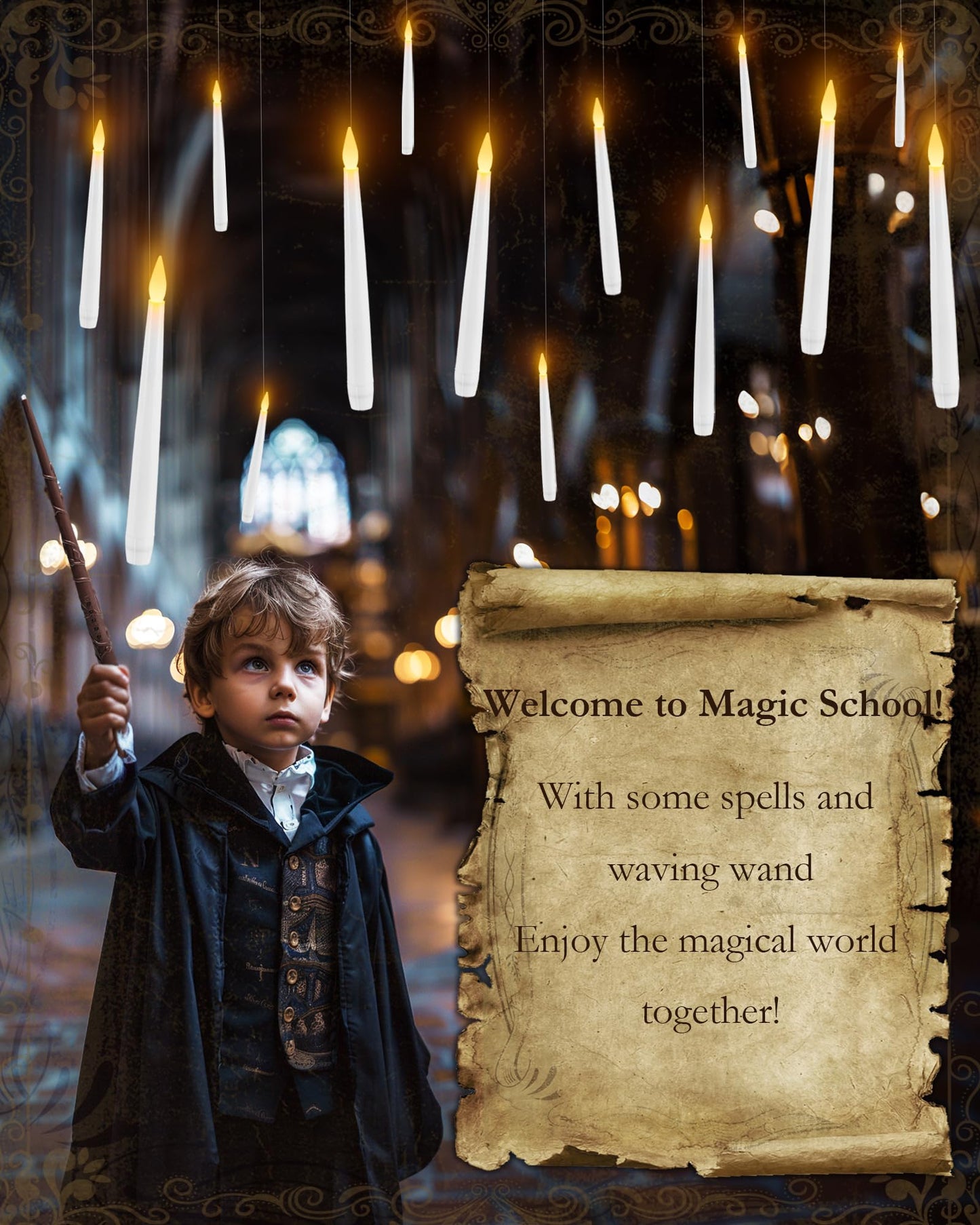 Raycare 20 Pcs Floating Candles with Wand, Hanging Candle with Timer, Magic Deco Candles Flickering Warm Light, Flameless Taper Candle with Remote, LED Candlesticks for Birthday Halloween Party Decor