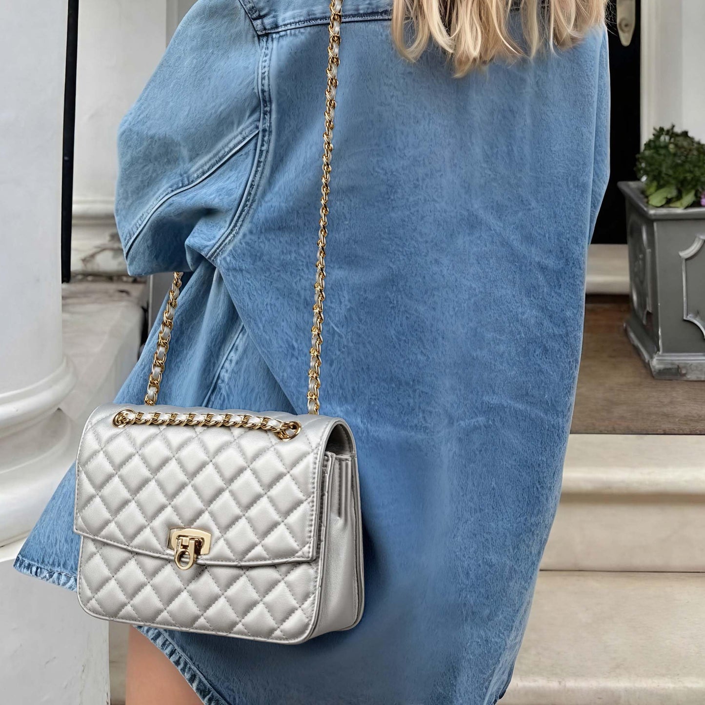 GEMIU Quilted Crossbody Purse Formal Small Women's Shoulder Handbags for Womens Clutch Purses with Gold Chain Dressy Sliver