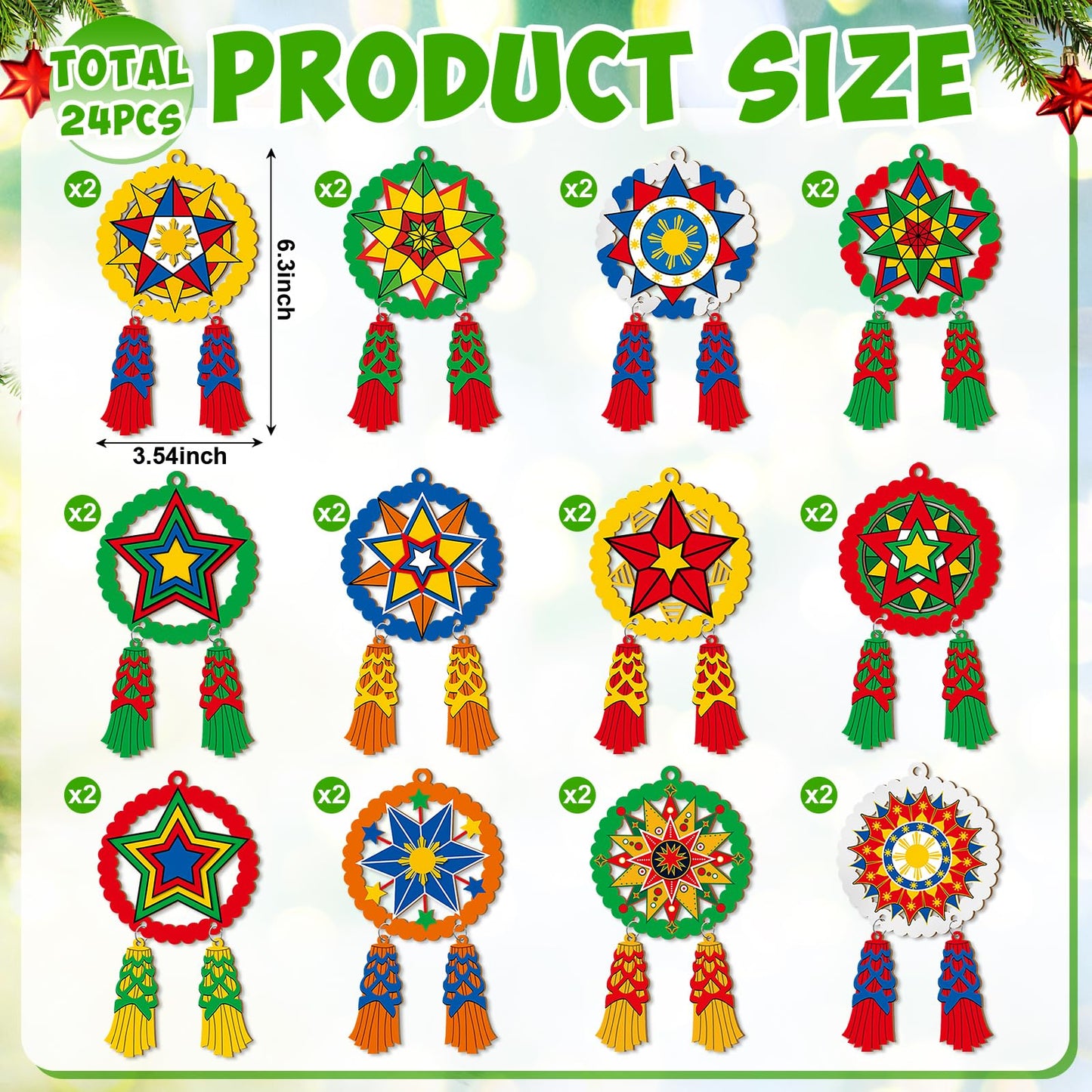 24 Pcs Christmas Parol Lantern Filipino Wooden Philippine Christmas Ornaments for Tree Decorations Hanging Ornaments Traditional Capiz Star Pendant Sign for Xmas Gift Home Window Holiday Decor Navidad