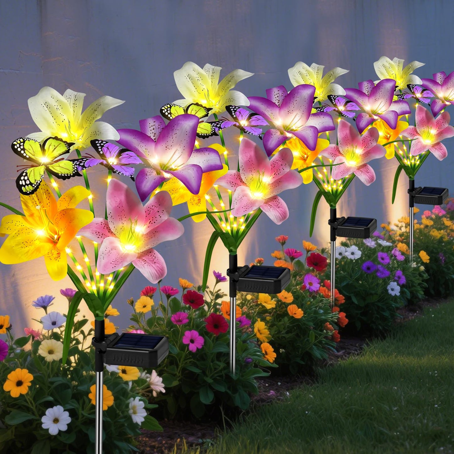 ostritec Solar Garden Lights Outdoor, 4 Pack Flower Lights for Outside, 16 Solar Lilies with Butterflies, Waterproof Garden Decor for Yard, Patio, Gifts for Women Mom (4 pcs Lilies)