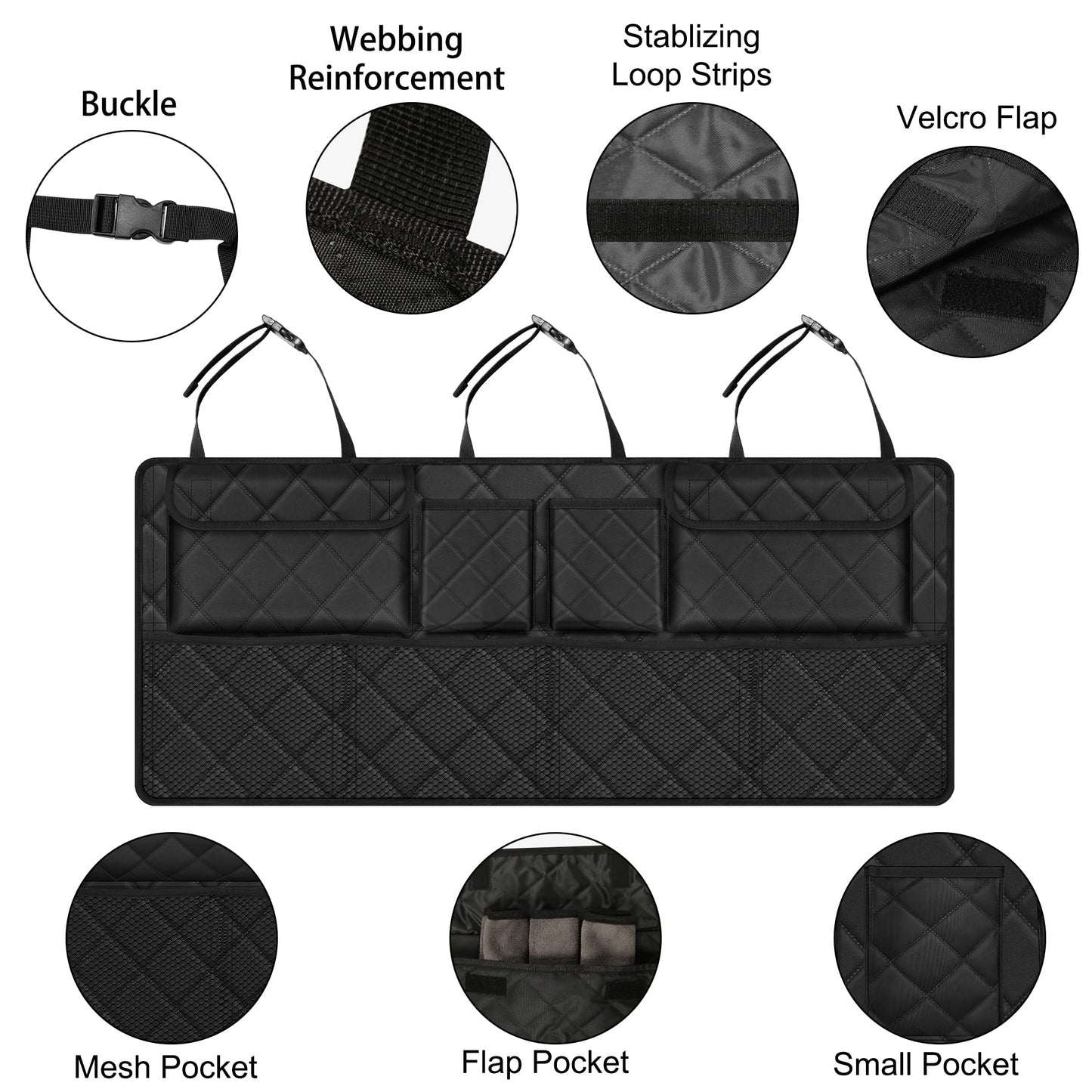 Femuar Car Trunk Organizer, Large Capacity Backseat Trunk Organizer (42"*18"), Collapsible Car Storage Bag with 8 Pockets, SUV/MPV/Truck - Black