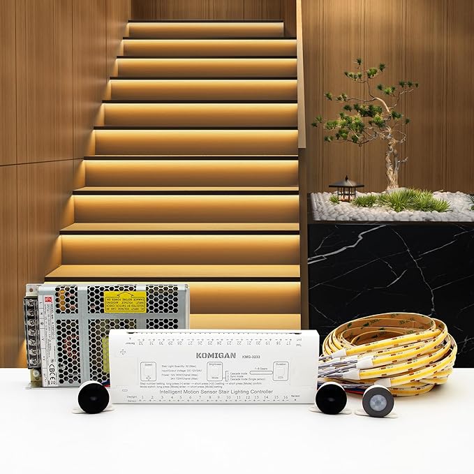 Intelligent Motion Triggered LED Stair Lighting Kit KMG-3233, 40" Cuttable LED Strip Light for Indoor LED Stair Lights (Warm White 3000K,18 Stairs)