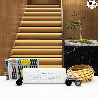 Intelligent Motion Triggered LED Stair Lighting Kit KMG-3233, 40" Cuttable LED Strip Light for Indoor LED Stair Lights (Warm White 3000K,16 Stairs)