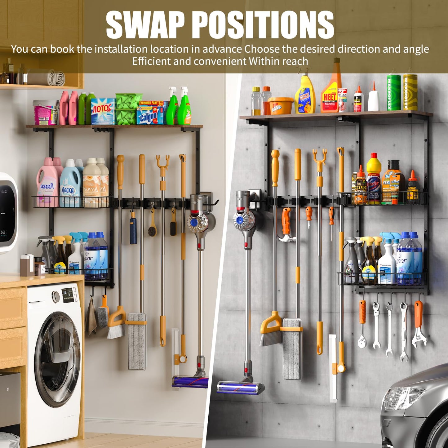 LYYKCCXYY Broom Holder Wall Mount，Mop Rack With Storage Basket,Diversity Laundry Room Cleaning Tool Storage container，Suitable Family Garage Kitchen Organization Wall-Mounted Rack (Black, Medium)