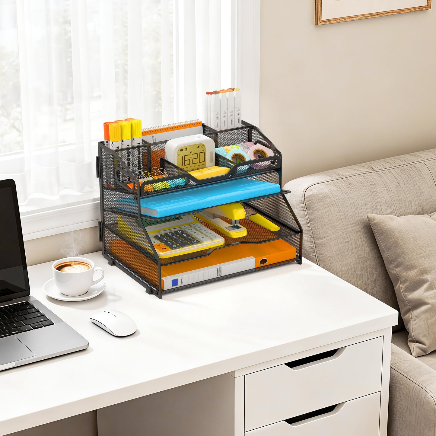 NextFile 4 Tier Desk Orgnizers and Accessories, Metal Magazine File Holder with Pencil Holder and Handles, Space Saving Desktop Storage for School Office Supplies(Black)