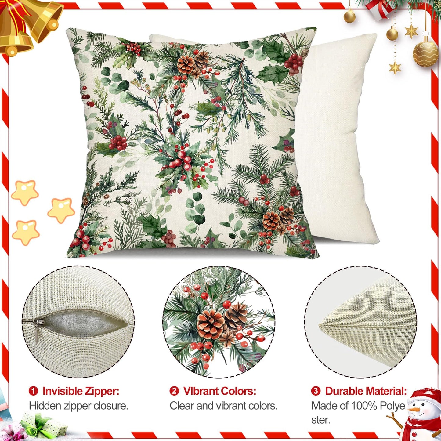 DFXSZ Christmas Pillow Covers 18x18 Inch Set of 2 Xmas Pine Branches with Red Berry Pine Cone Decorative White Throw Pillows Winter Christmas Decor for Home Couch ST025D18