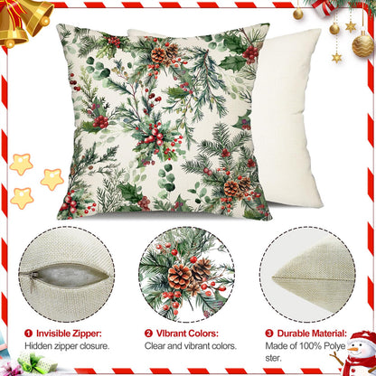 DFXSZ Christmas Pillow Covers 18x18 Inch Set of 2 Xmas Pine Branches with Red Berry Pine Cone Decorative White Throw Pillows Winter Christmas Decor for Home Couch ST025D18