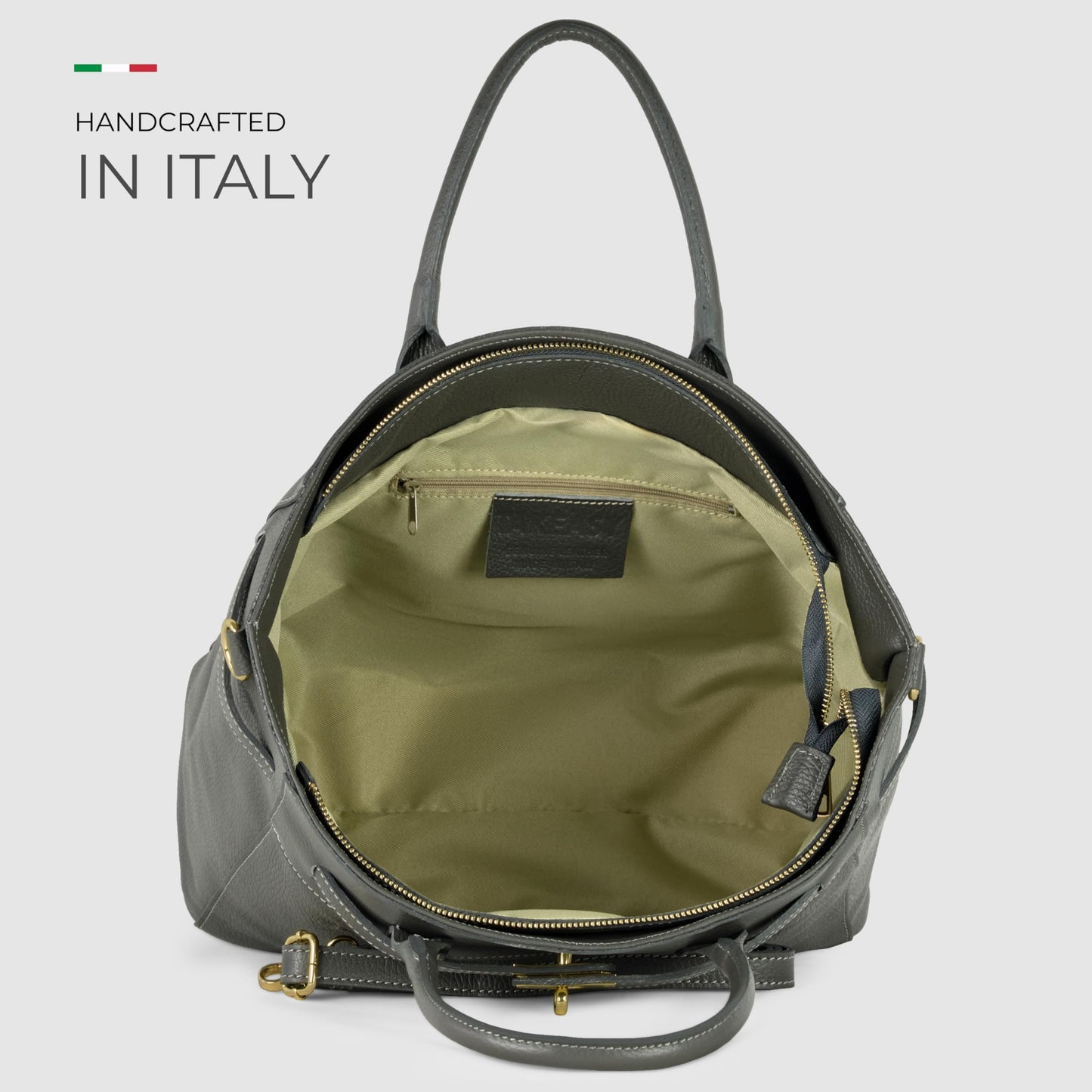 Italian Genuine Calf Leather Handbag for Women with Zipper & Adjustable Strap | Medium Top-Handle Satchel Purse (Dark Grey)