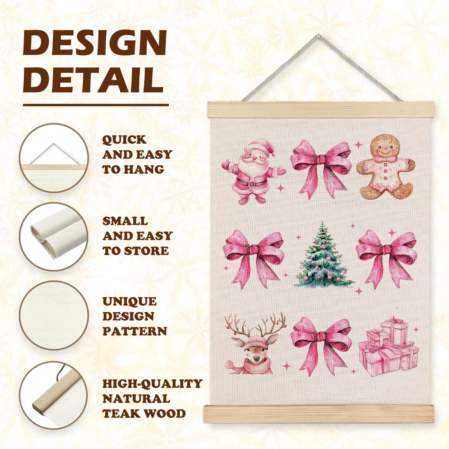 Coquette Pink Christmas Bow Gingerbread Wall Art, 12x16 Inch, With Wooden Poster Hanger for Home Office