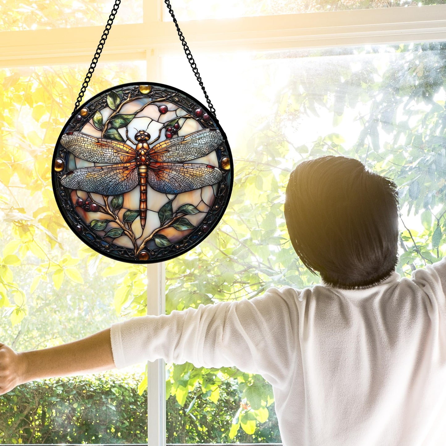 DASTOLL Stained Glass Window Hanging - Dragonfly Plant Suncatcher Ready to Hang Window Doors Home Decoration, Christmas, Mother's Day Birthday Gifts for Women, Men, and Mom 6.3X6.3IN