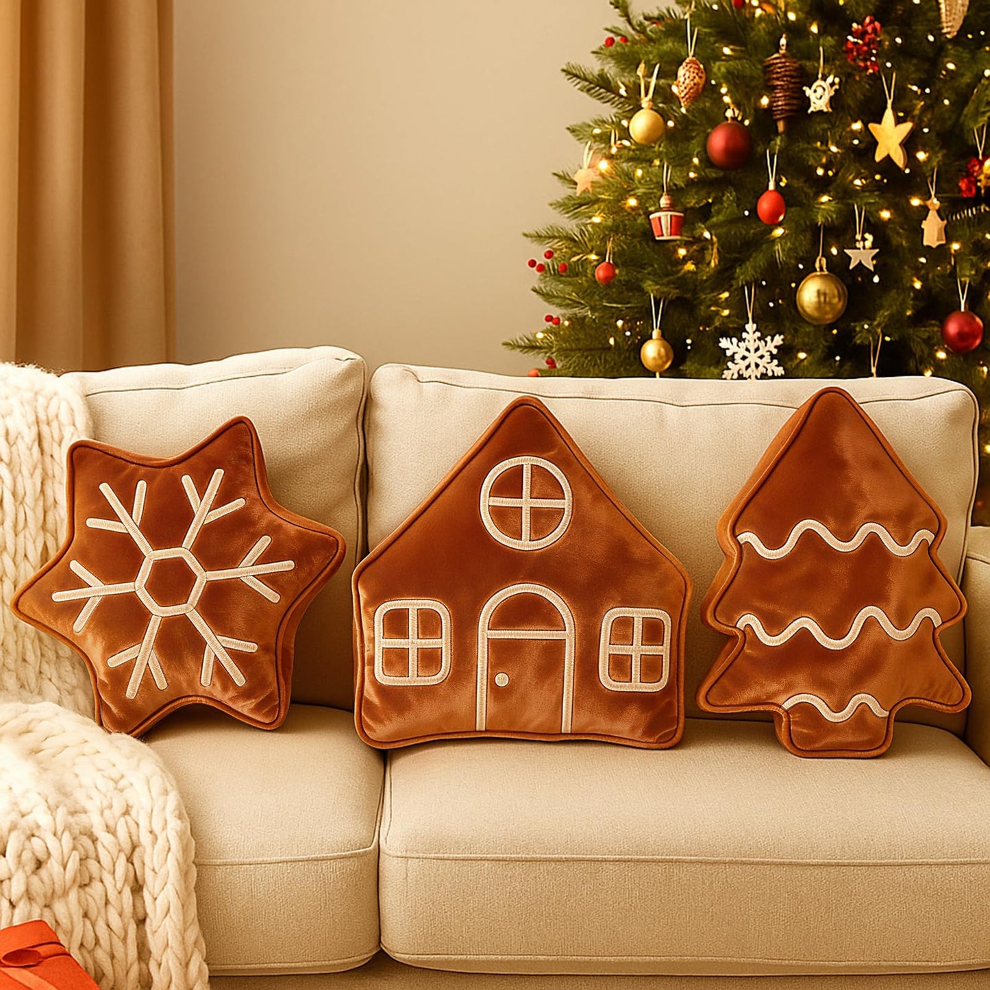 Amyhill 3 Pcs Christmas Velvet Throw Pillows Xmas Tree Gingerbread Man House Snowflake Pillows Embroidered Design Stuffed Christmas Decoration for Home Sofa Bed Couch Party