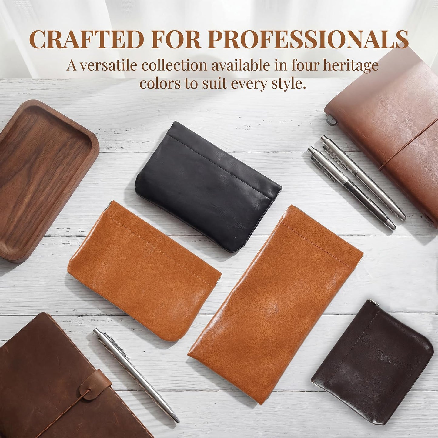 MOCICIGO 4PCS Snap Closure Organizer Pouch,Pu Leather Small Pouches for Purse Mini Cosmetic Bags for Travel Waterproof Makeup Women Purse Pouch Three Sizes Coin Purse Organizer Storage Pouch(Brown)