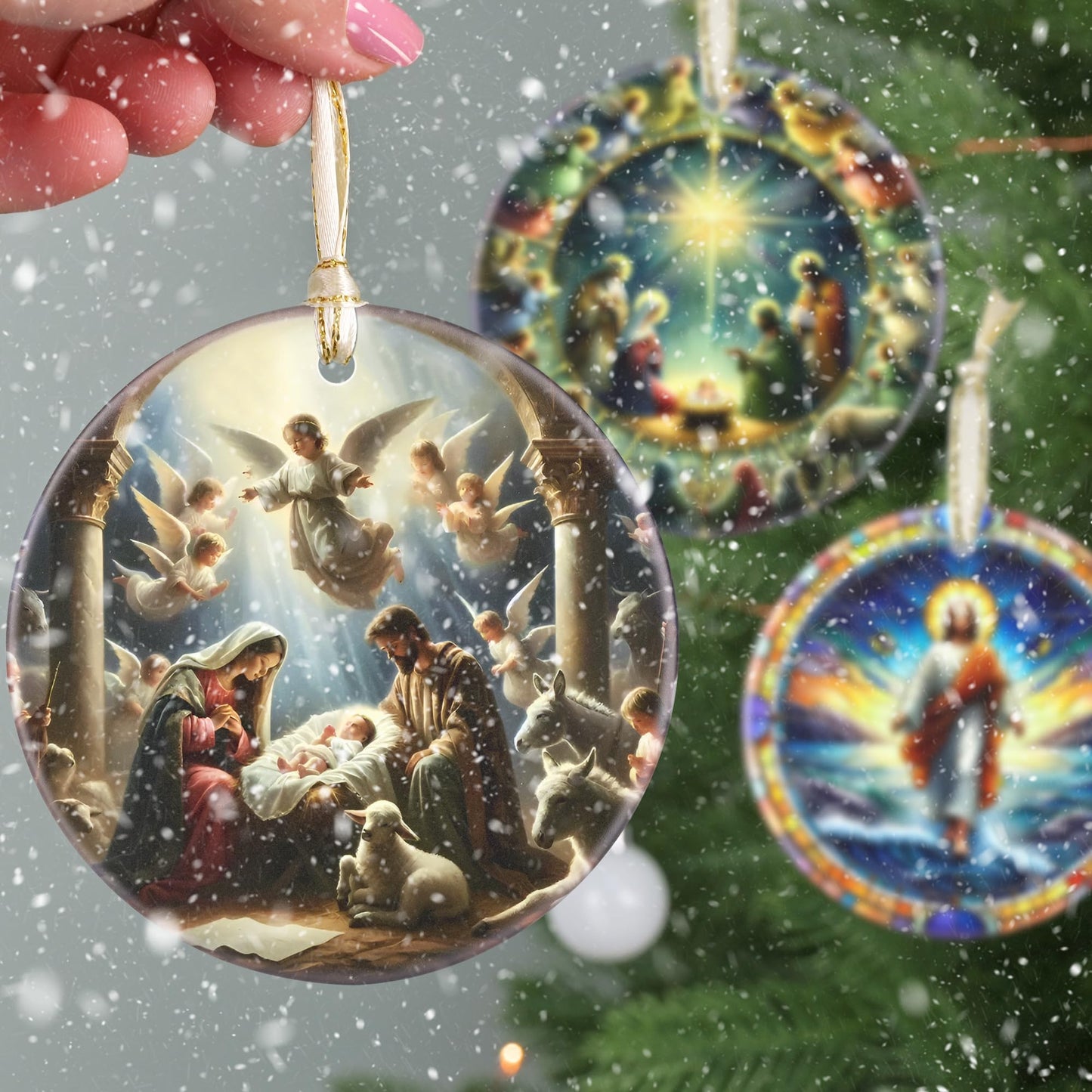 Nativity Christmas Decorations, 3.5 Inch Ceramic Religious Christmas Ornament, Christmas Tree Ornaments, Christian Gifts for Kids, Religious Gifts for Women, Xmas Gifts for Mom, Merry