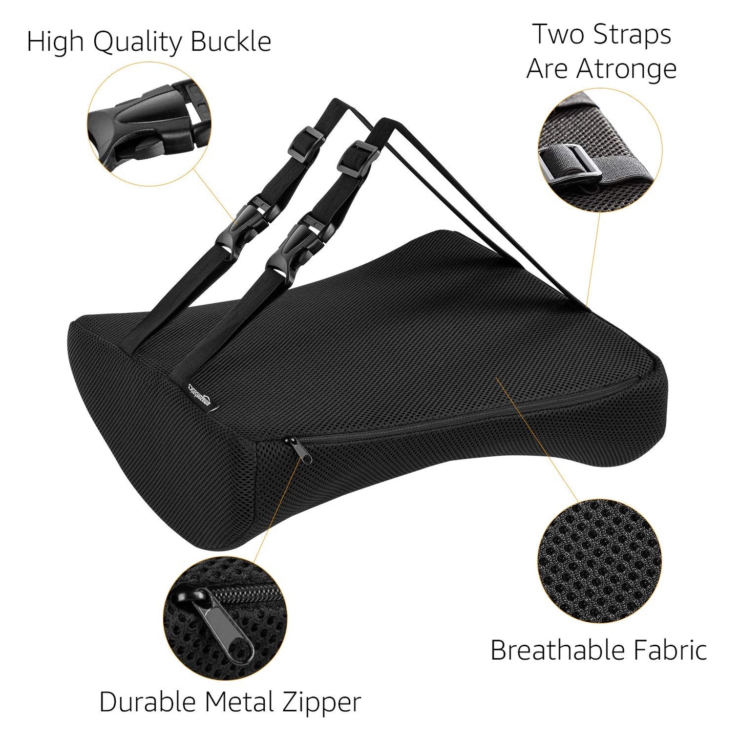 Amazon Basics Rectangular Memory Foam Back Support Cushion for Office Chairs, Non-Slip Base for Long Sitting, Black