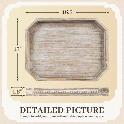 Wooden Decorative Tray, Rustic Serving Tray with Wood Bead, Farmhouse Big Tray for Ottoman, Countertop, Coffee Tabl, 16.5" x 13"x 1.6" (White Washed)