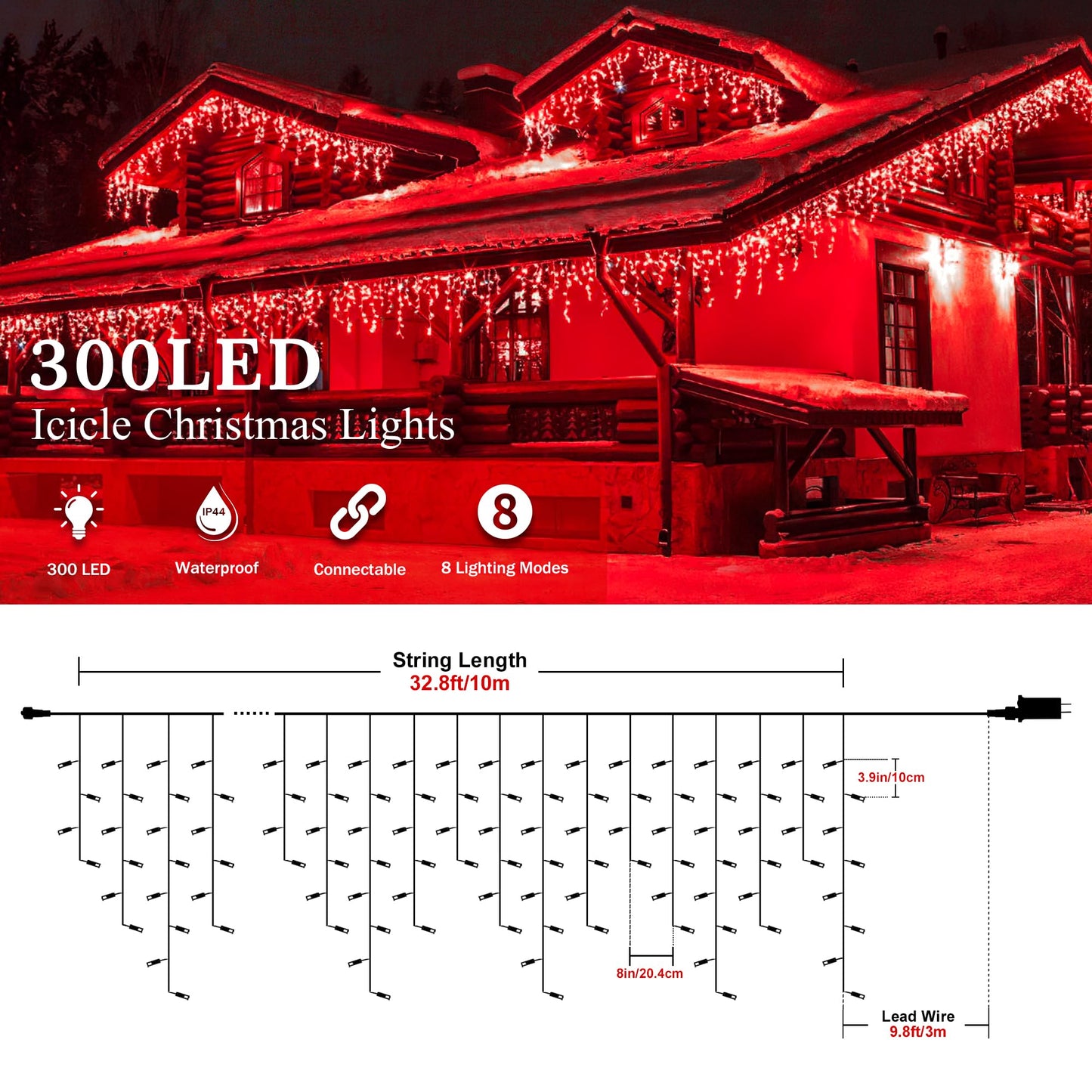 oopswow Christmas Icicle Lights Outdoor,300LED 33FT Christmas String Lights,Connectable Valentine's Day Lights with 30V Plug in for Valentine Wedding Party Eave Garden Wall Indoor Decor, Red