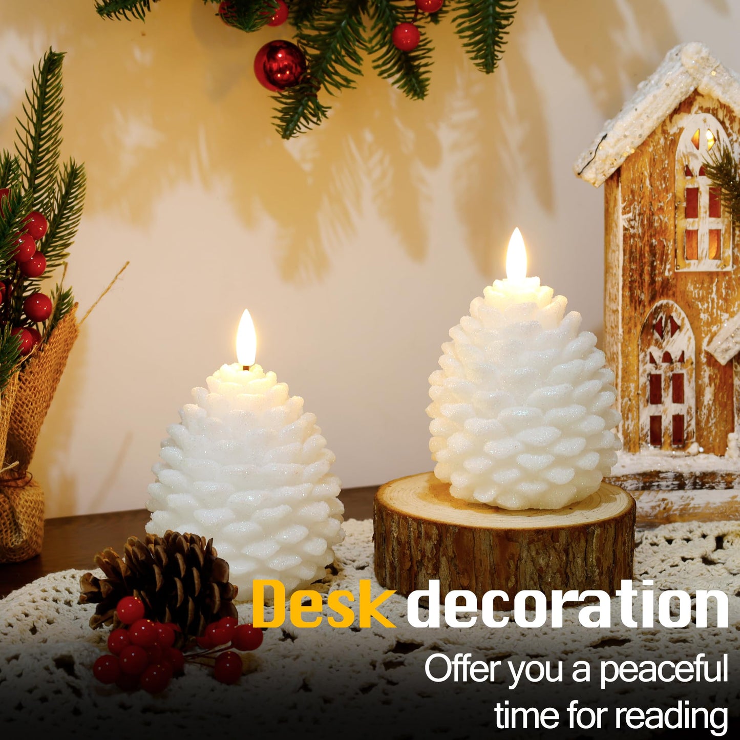 Christmas Flameless Pine Cone Candles with Remote Timer, Battery Operated Flickering Candles, LED Real Wax Pinecone for Christmas Home Decoration, Set of 2, White with Glass Bead Powder (5.5" X 4.1")