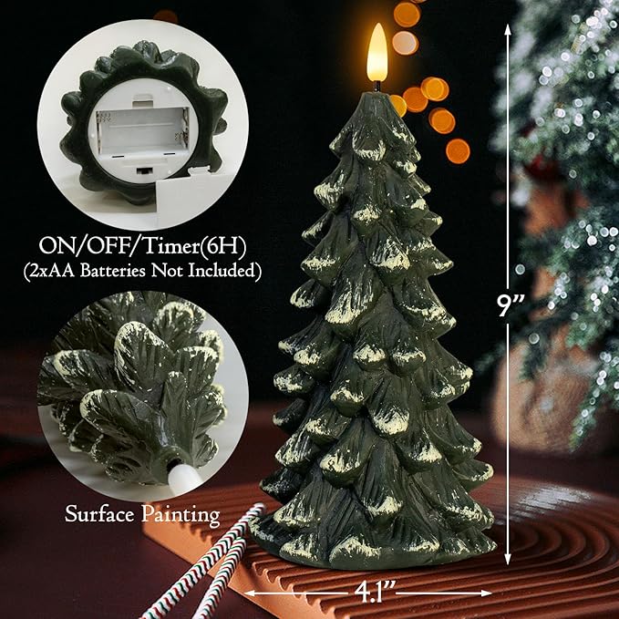 Christmas Tree Shaped Flickering Flameless Candles, Green Real Wax Battery Operated LED Candles with Timer for Christmas Home Party Decoration Christmas Gift Set of 2