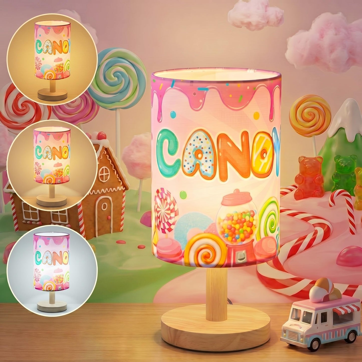 Tujoe Kids Table Lamp Candyland Theme Bedside Lamp with Fabric Shade, Cute Candy Lollipop Doughnut Nursery Night Light for Girls Boys Bedroom, Children's Reading Desk Lamps for Gift