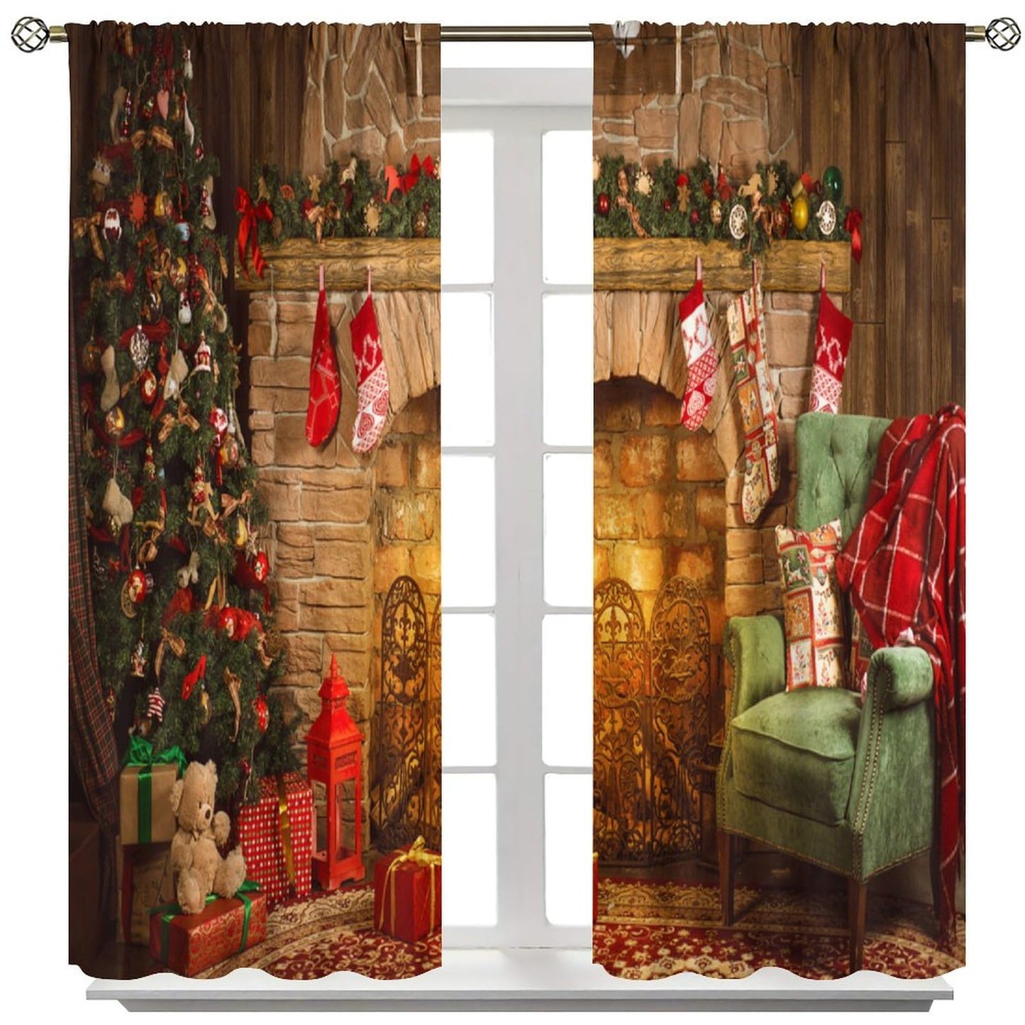 FengMingRui Christmas Window Curtain for Bedroom Fireplace Printed Window Treatment Winter Holiday Christmas Decor Window Drapes 42" W X 45" L