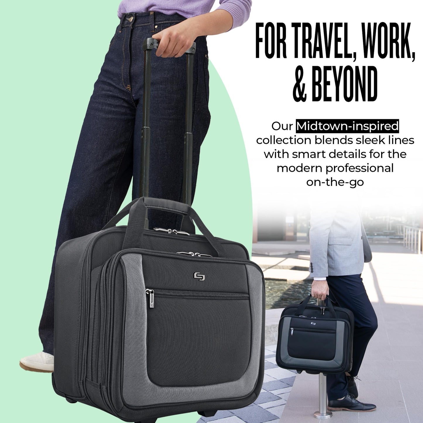 Solo New York Rolling Case with Wheels - Roller Laptop Bag, Wheeled Briefcase for Women & Men, Carry On Size for Travel, Fits 17.3" Computer - Bryant, Black & Grey