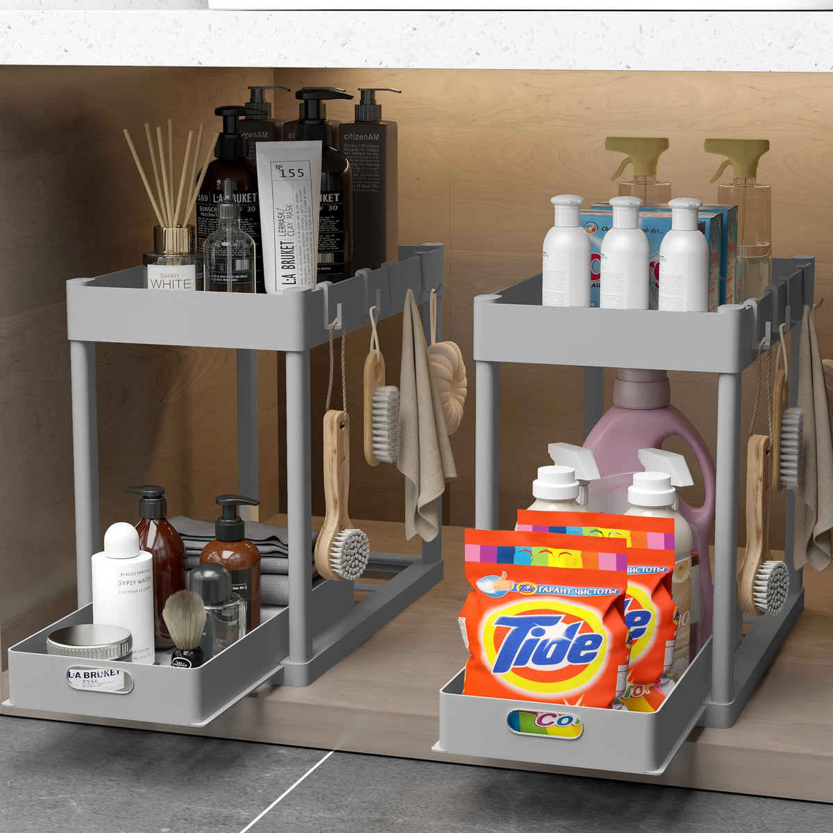 2PC Under Sink Organizer Rack 2 Tier Under Sliding Cabinet Basket Organizer Drawer with 4 Hooks, Multi-purpose Under Sink Storage for Bathroom Kitchen Desktop（Black）