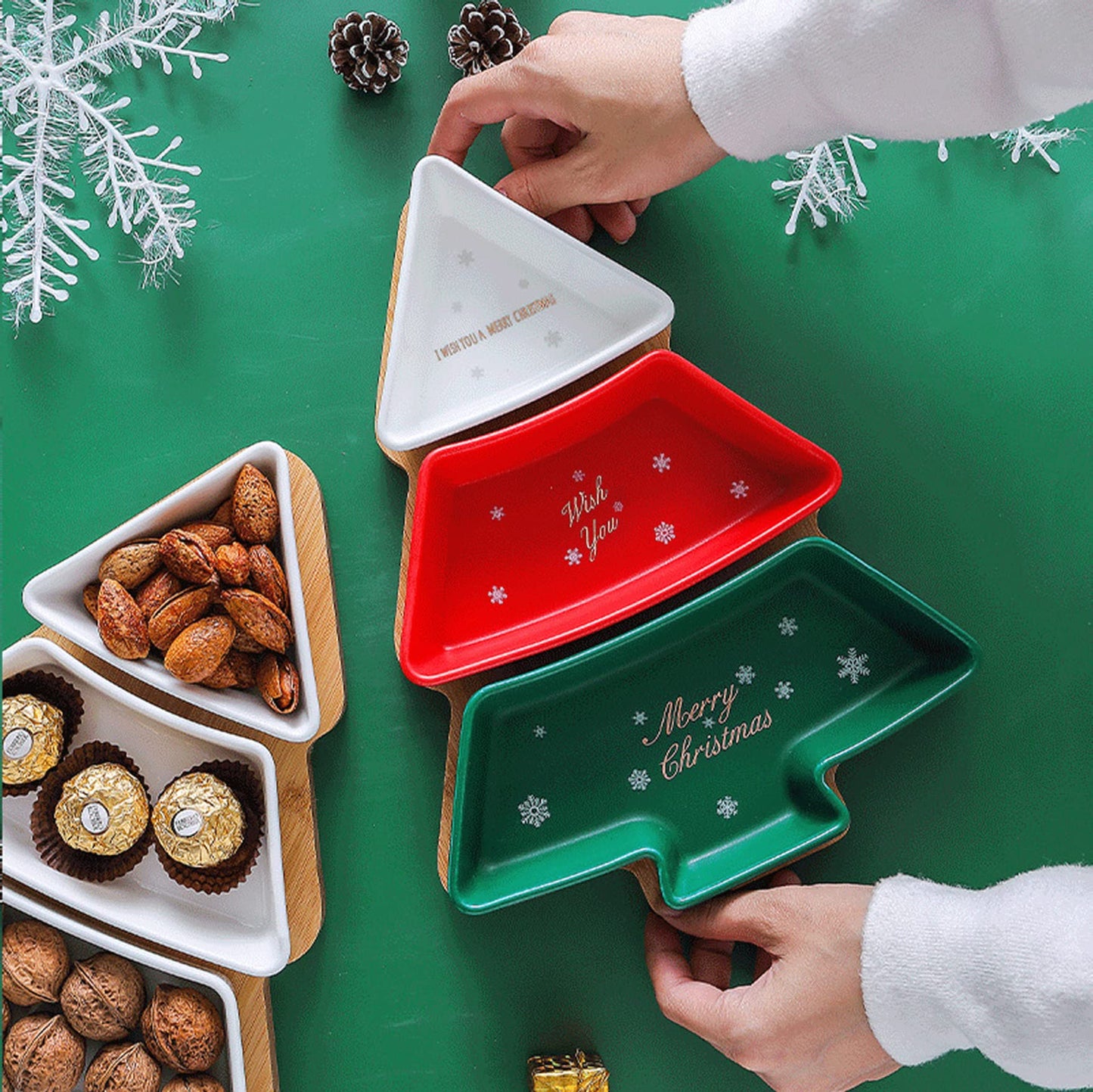 ROSE CREATE Colorful 11.6 Inches Big Colorful Snack Appetizer Trays Set, Christmas Tree Dessert Serving Dishes, Snack Platter, 3 pcs Removable Porcelain Plates with Bamboo Tree Tray