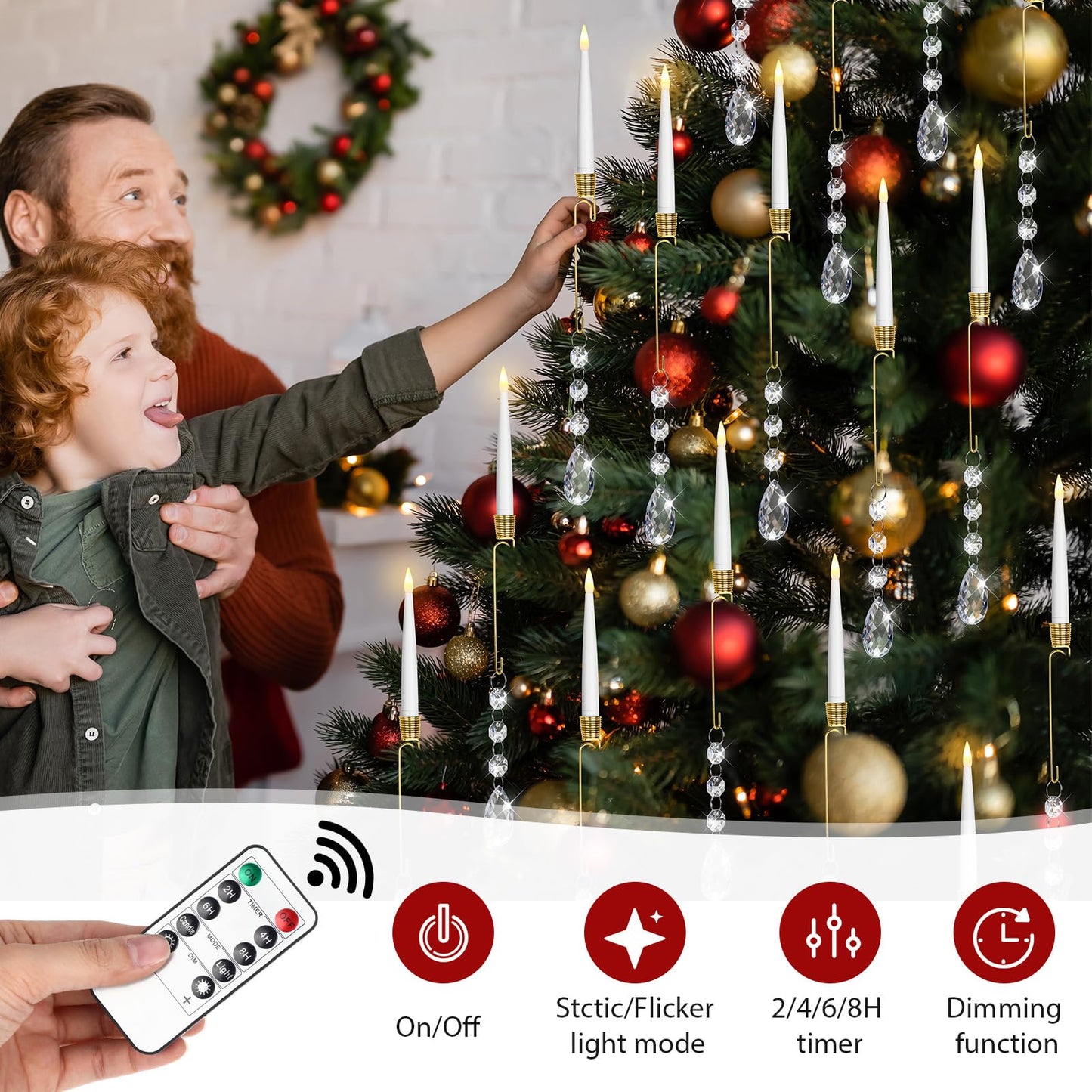 Thyle 12 Pack Christmas Tree Candles with Remote Timer Christmas Tree LED Candles with Crystal Xmas Crystal Drop Pendants Ornaments for Home Xmas Flickering Flameless Party Decor (Clear,Classic)