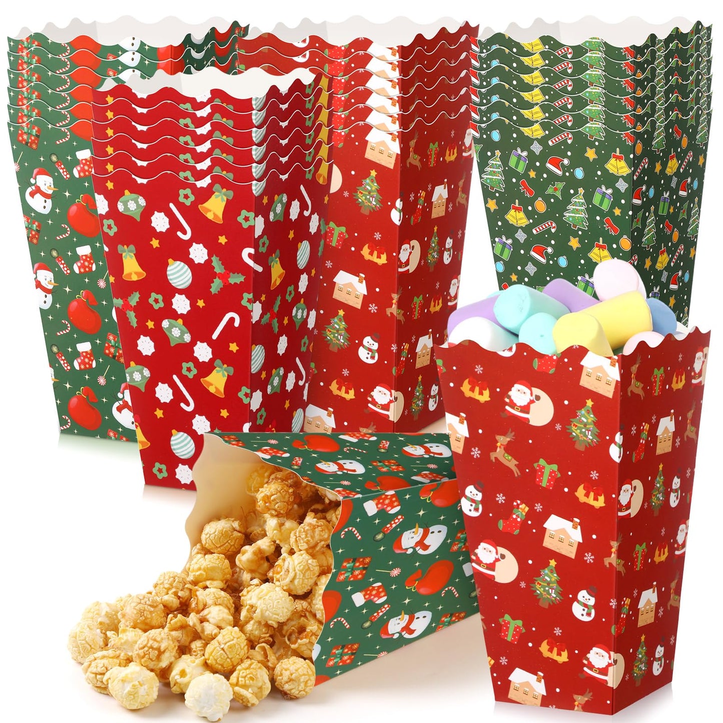 Faccito 48 Pcs Christmas Popcorn Boxes Christmas Tree Snowman Popcorn Boxes Xmas Party Treat Container Red Green Snack Buckets Mini Candy Paper Holder for Holiday Movie Night Party Favors Supplies
