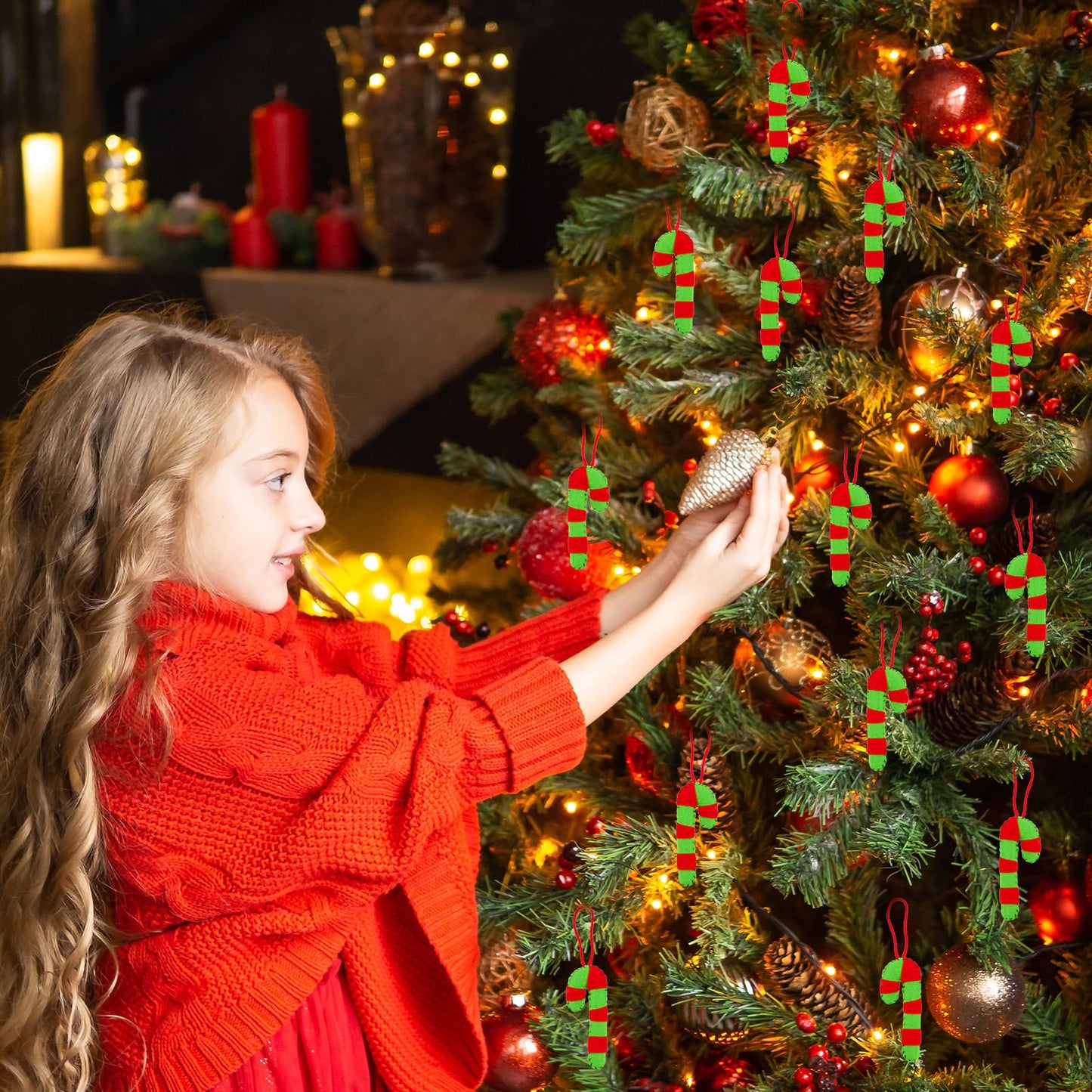 Whaline 12Pcs Christmas Felt Hanging Ornament Red Green Candy Cane Felt Ornaments for Xmas Tree Indoor Outdoor Decoration