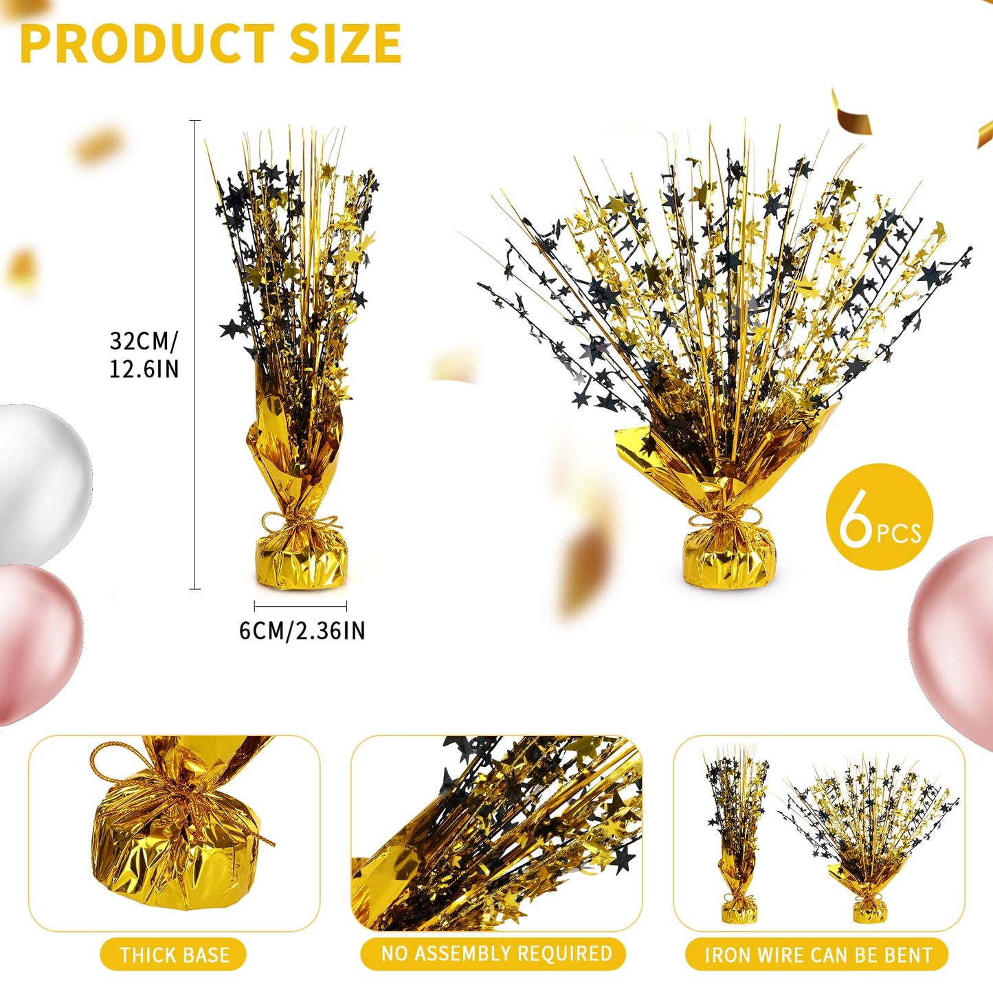 6 Pack Metallic Foil Spary Centerpieces for Tables, Black Gold Centerpieces for Tables Decorations, Star Brust Table Centerpieces for Birthday Graduation Wedding Baby Shower Party