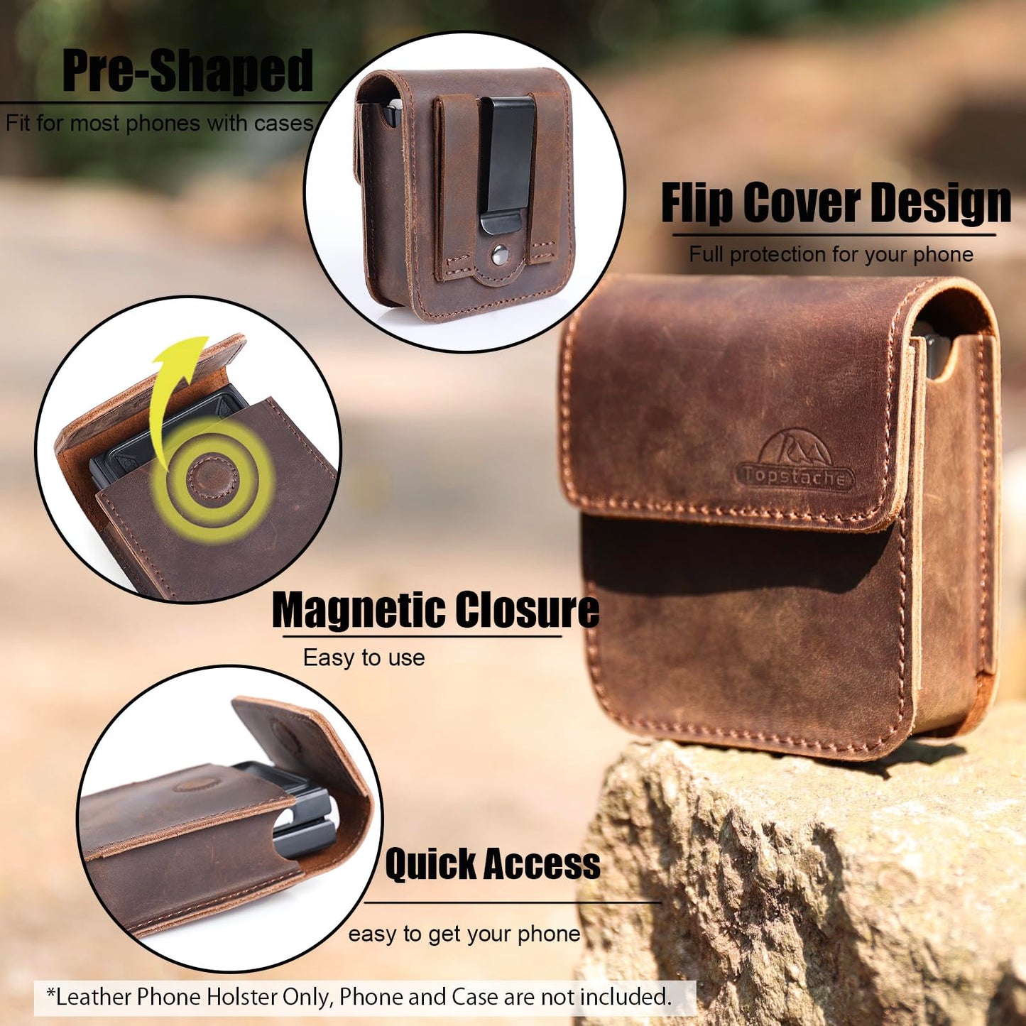 Topstache Leather Phone Holster for Samsung Galaxy Z Flip 6/5/4/3, Belt Clip Cell Phone Case for Motorola Razr Plus 2024/2023, Holster Belt Case Small Pouch for Motorola Razr 5G, Darkbrown