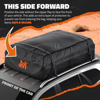 Mockins 25 Cu.Ft. Heavy Duty Car Roof Bag 60"x43"x17" | Works with or Without Roof Rack | Great for Road Trip Vacations, Camping Adventures & More | Set Includes Roof Mat, Lock, Hooks & Straps