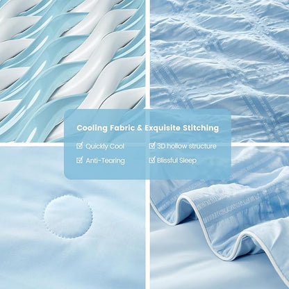 Cozy Bliss Cooling Comforter Full Size Seersucker Plaid, Q-Max 0.4 Reversible Lightweight Cooling Blanket, Breathable Silk Smooth Summer Bedding Quilt for Hot Sleepers Night Sweats Blue