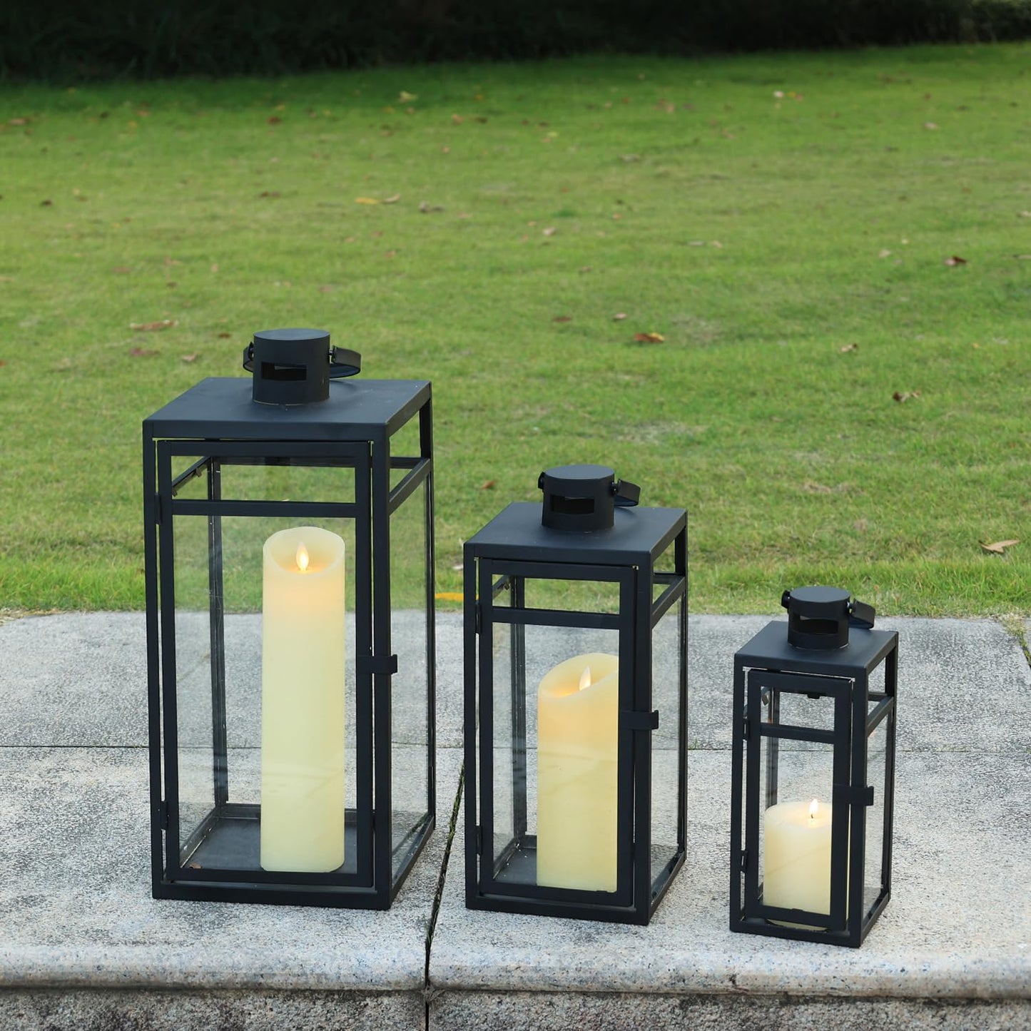 NEEDOMO Stainless Lanterns Decorative Outdoor & Indoor, Set of 3 Outdoor Lanterns for Porch, 22"/ 17"/14" Candle Lantern,Stainless with Glass, Water-Proof Farmhouse, Patio, Pathway, Christmas