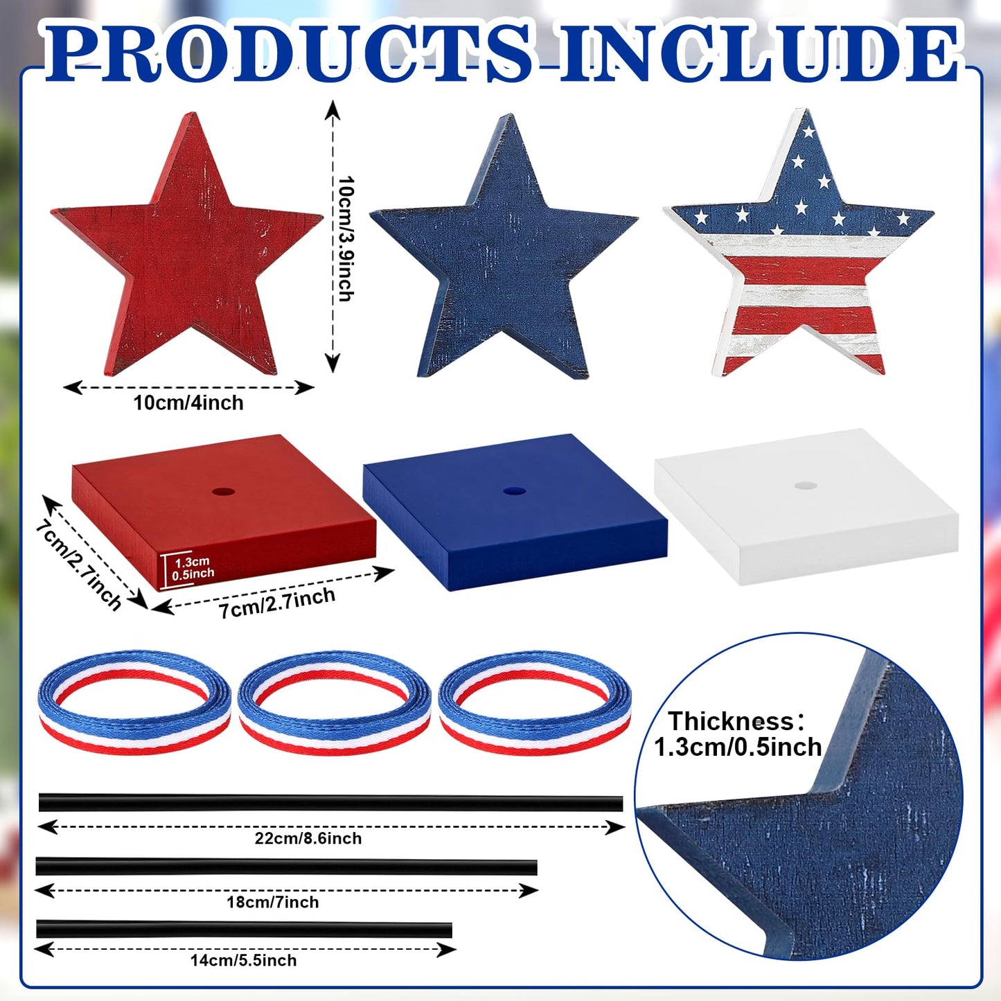 4th of July Tiered Tray Decor Wooden Star Set, 3 Pcs Memorial Day Table Decorations, Rustic Patriotic Tabletop Home Decor, Red White and Blue Decorations for Home (Retro)