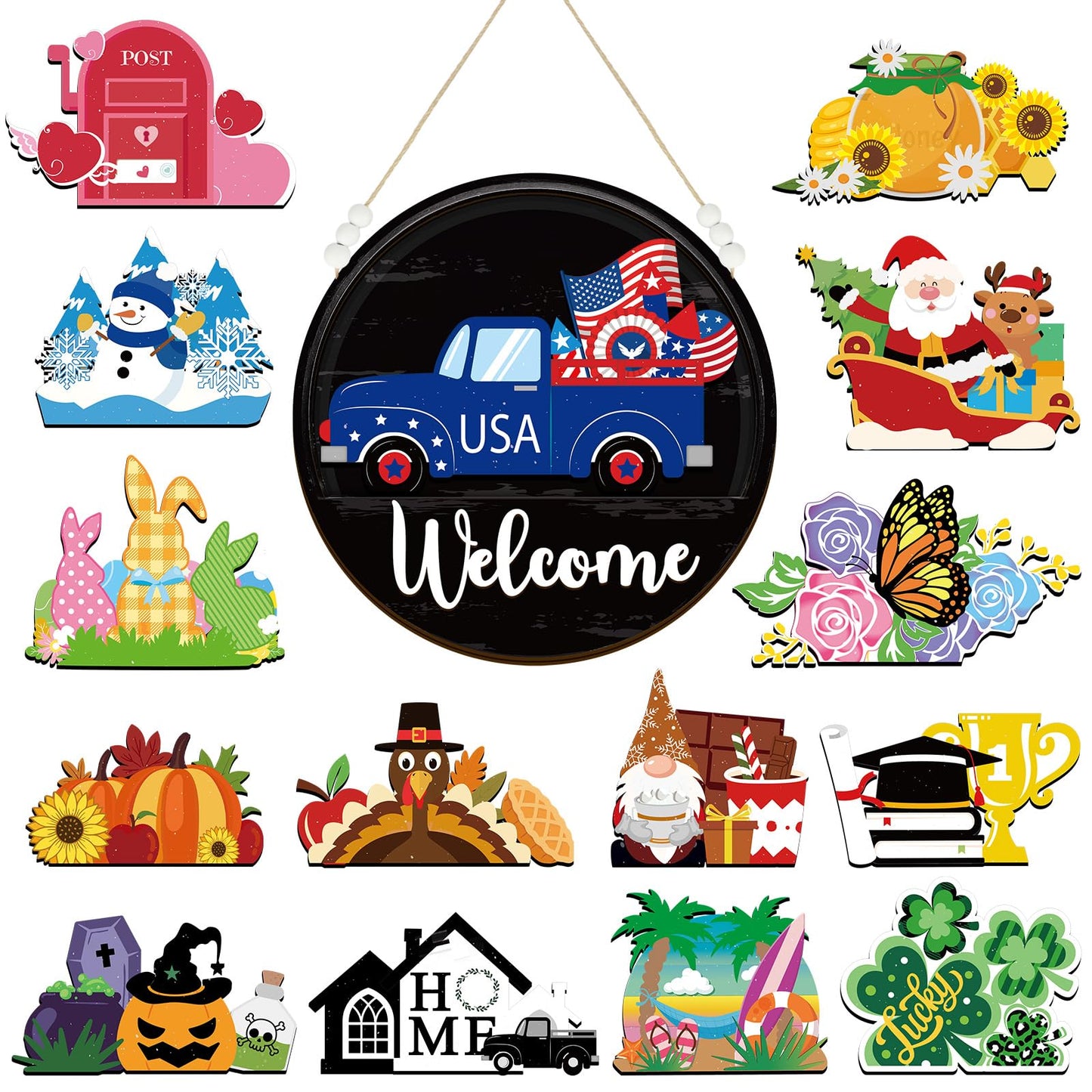 Sintuff 16 Pcs 12 Inch Interchangeable Welcome Sign for Front Door Wood Seasonal Magnetic Icon Holiday Wreath Decor Rustic Hanging Sign for Patriotic Summer Home Warming Gift(White Word, Black Back)