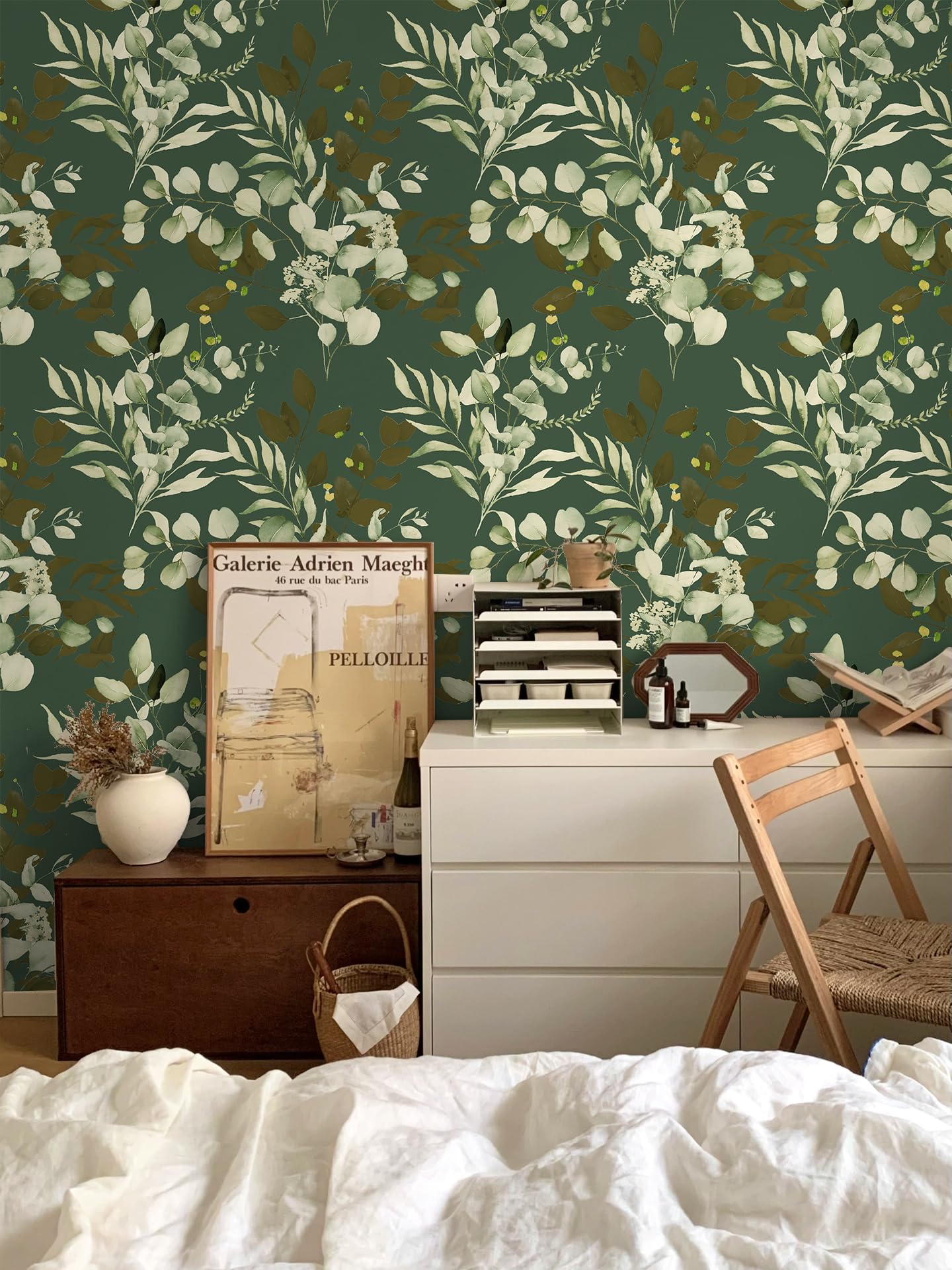HAOKHOME Peel and Stick Wallpaper Boho Sage Green Eucalyptus Leaf Floral Wall Mural Home Nursery Decor Renter Friendly Wallpaper 17.3in x 9.8ft