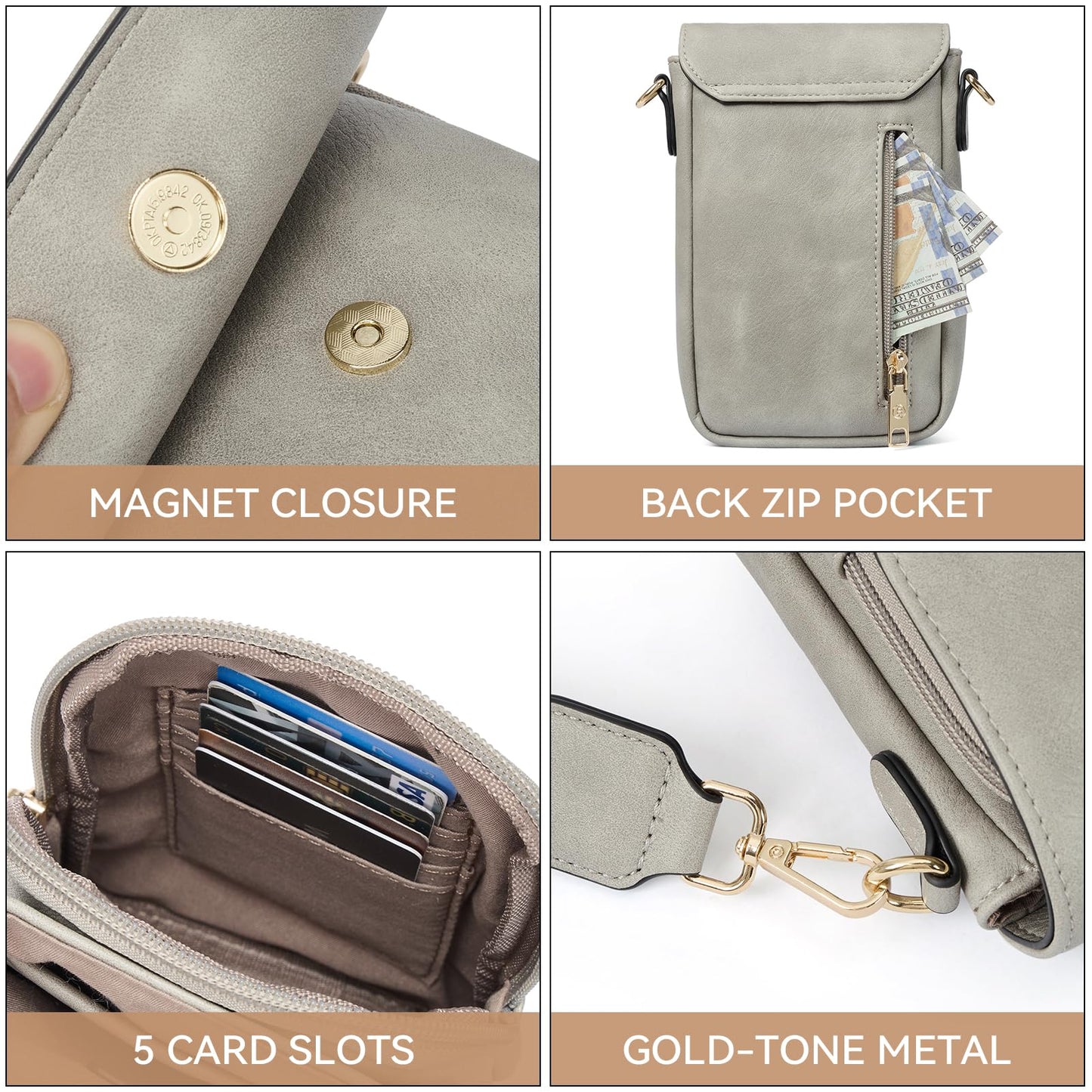 BOSTANTEN Small Crossbody Bags for Women Cell Phone Purse Leather Wallet Handbags with Card Slots Grey
