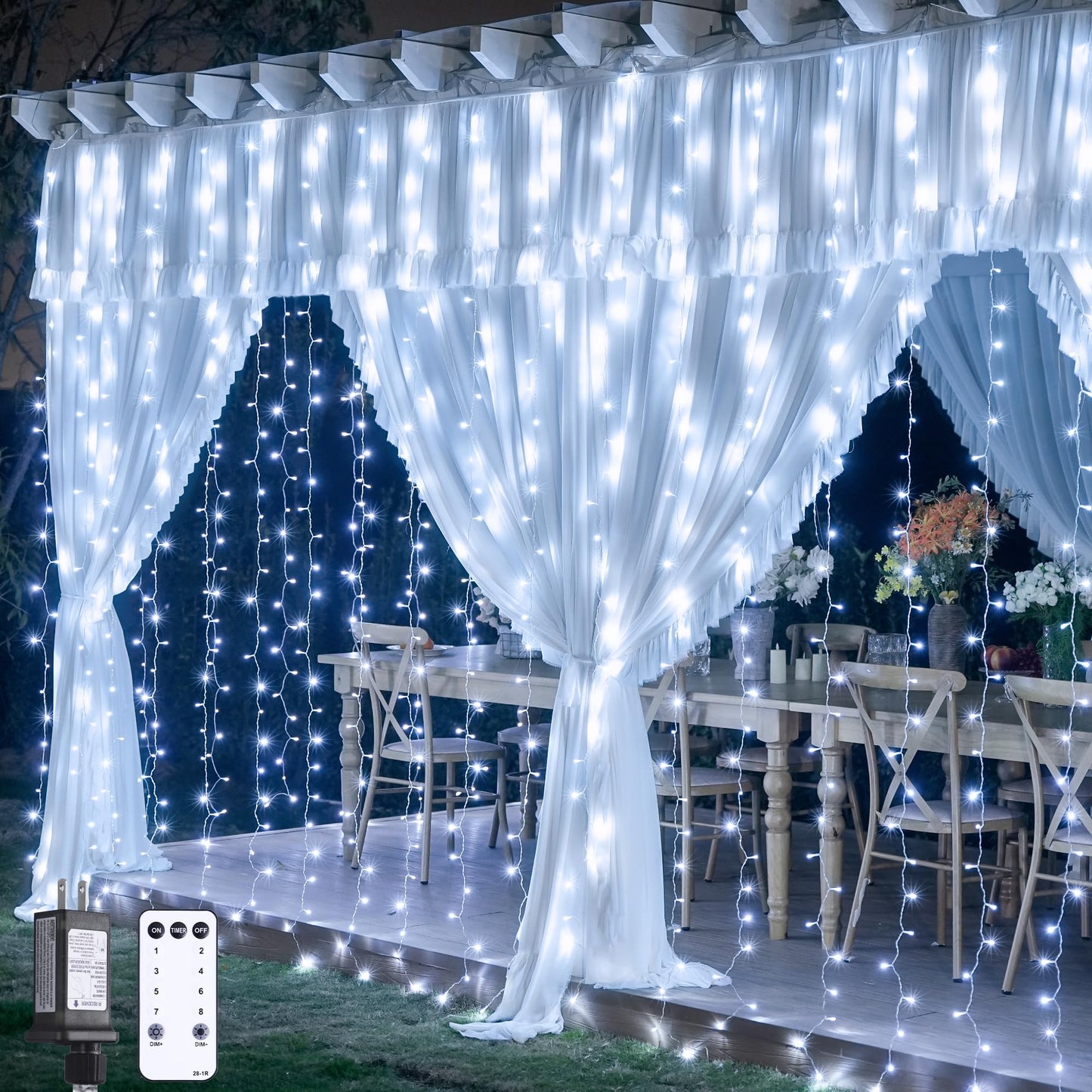 JMEXSUSS 300 LED 9.8x9.8Ft Curtain Lights Indoor with Remote, White Christmas Lights Plug in, 8 Modes White String Lights for Bedroom Wall Wedding Reception Dorm Party Backdrop Window Outdoor Decor