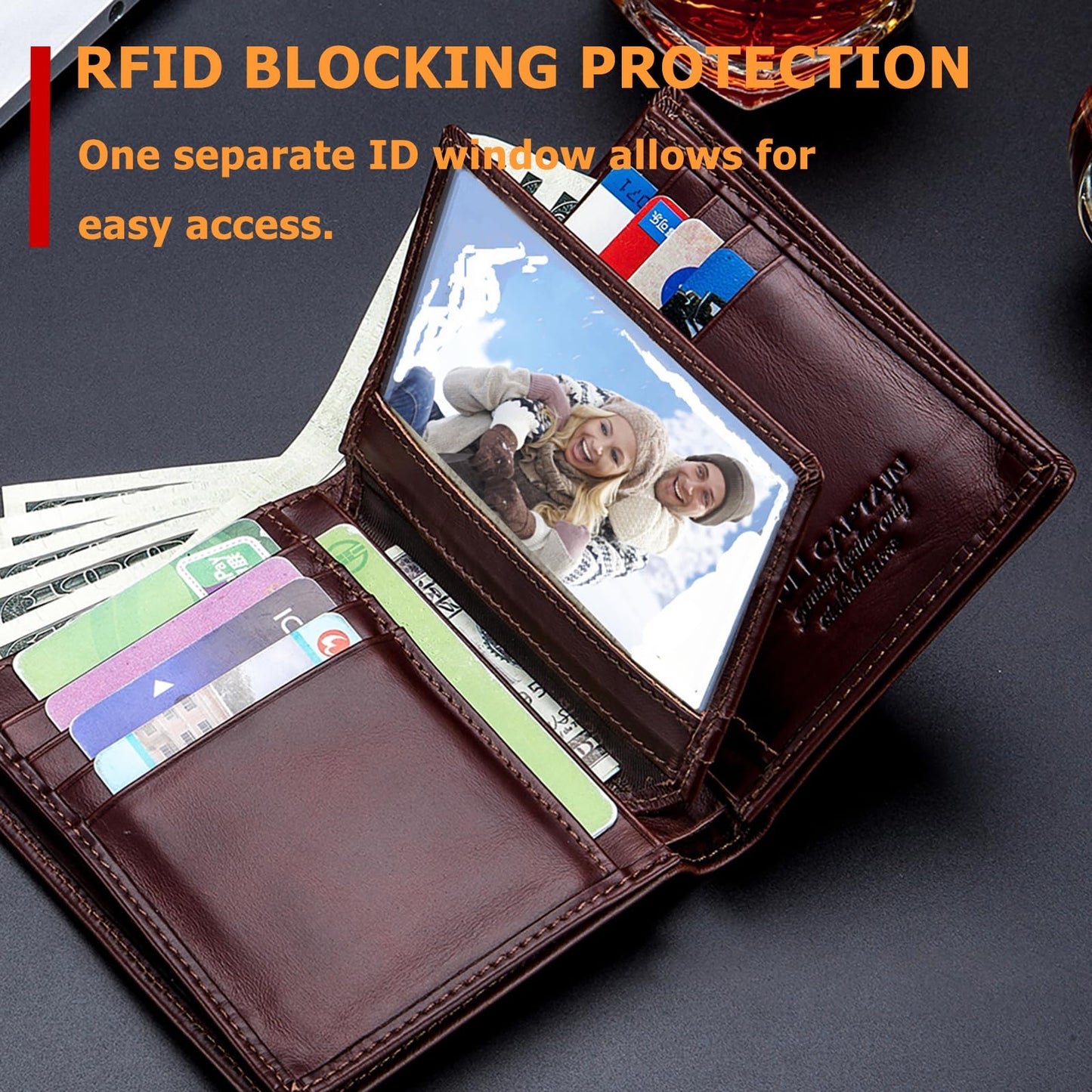 BULLCAPTAIN Large Capacity Genuine Leather Bifold Wallet/Credit Card Holder for Men with 15 Card Slots QB-027 (Brown)