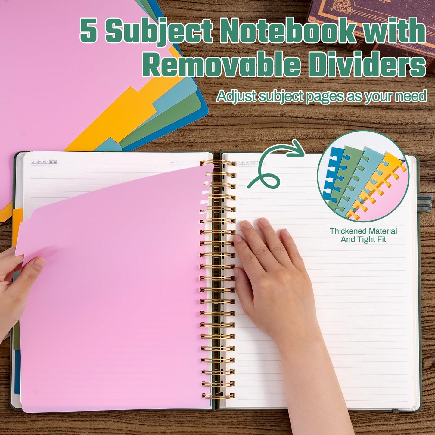 Ovesmusl Hardcover Spiral Notebook 8" x 10" with 5 Removable Dividers 300 Pages Leather 5 Subject Notebook College Ruled 100GSM Large Spiral Notebooks for Work Thick Lined Journal for Women, Pink