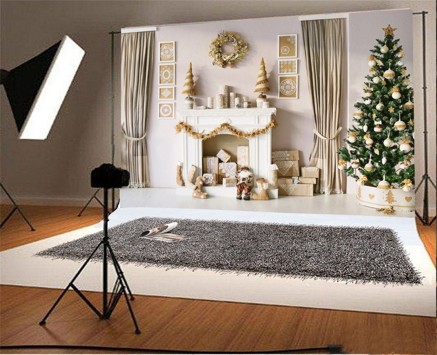 AOFOTO 10x7ft Christmas Interior Decoration Backdrop Holiday Xmas Tree Fireplace Gift Garland Wreath Photography Background Chic Snowflake Crafts Stockings Gift Box Photo Studio Props Vinyl Wallpaper