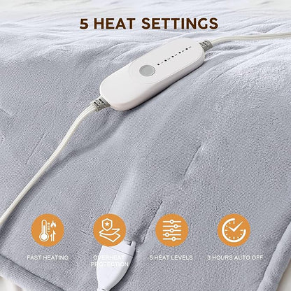 HYLEORY Heated Electric Blanket Throw 50"x60" Soft Fleece & Flannel with 5 Heating Levels & 3 Hours Timer Auto Shutt Off, ETL Certified, Washable，Heated Blanket for Body-Light Grey