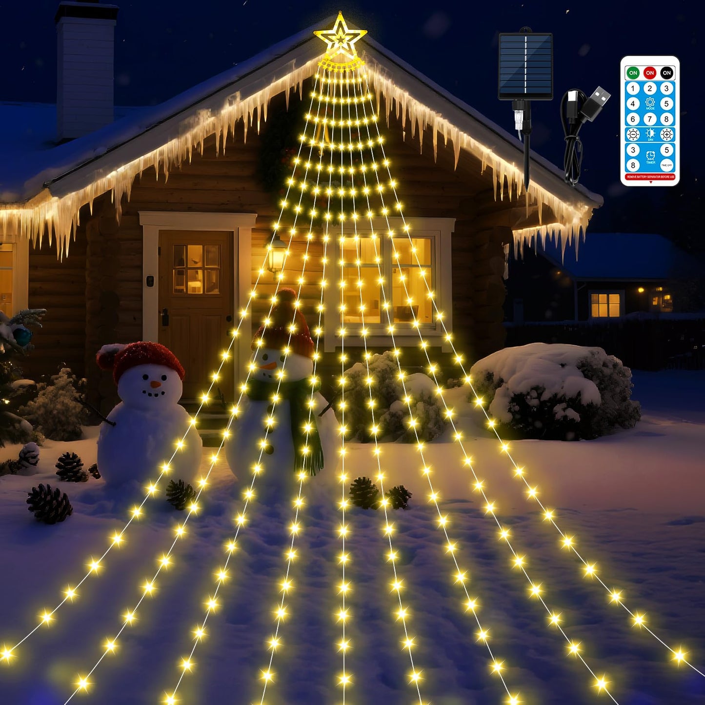 Solar Christmas Decorations Tree Lights Outdoor, 18.37ft 532LED Waterfall String Lights with 8 Modes Timer Remote Xmas Lights USB Powered for Garden Yard Patio Home Holiday Party Decor, Warm White