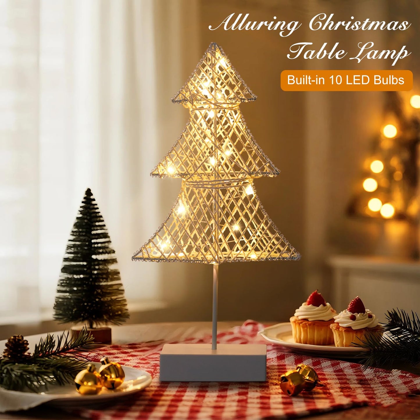 Lewondr Christmas Tree Lamp, Winding Cotton Thread Mini Christmas Tree with Lights, Battery Powered Desktop Christmas Light for Xmas Home Bedside Table Lamp Decorative Tree for Table Top, White