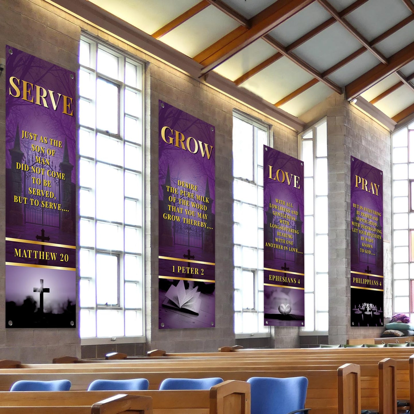 4Pcs Church Banners for Sanctuary Wall Welcome Religious Banners Serve Grow Love Pray Hanging Backdrop Purple Church Hanging Signs Scripture Bible Verse Banner for Holiday Sunday School Decor