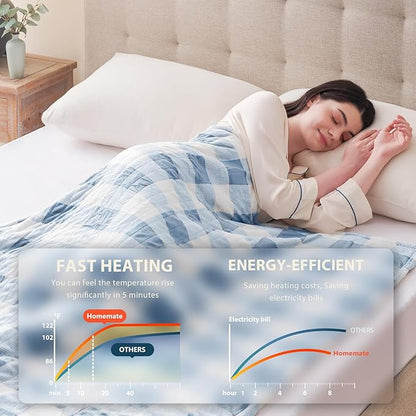 Homemate Electric Blanket Heated Throw - 50“x60“ Ultra Soft Cozy Flannel Heating Blanket with 10 Fast Heat Levels 8 Hours Auto Off Over-Heated Protection ETL Certification Keep Warm in Home Office